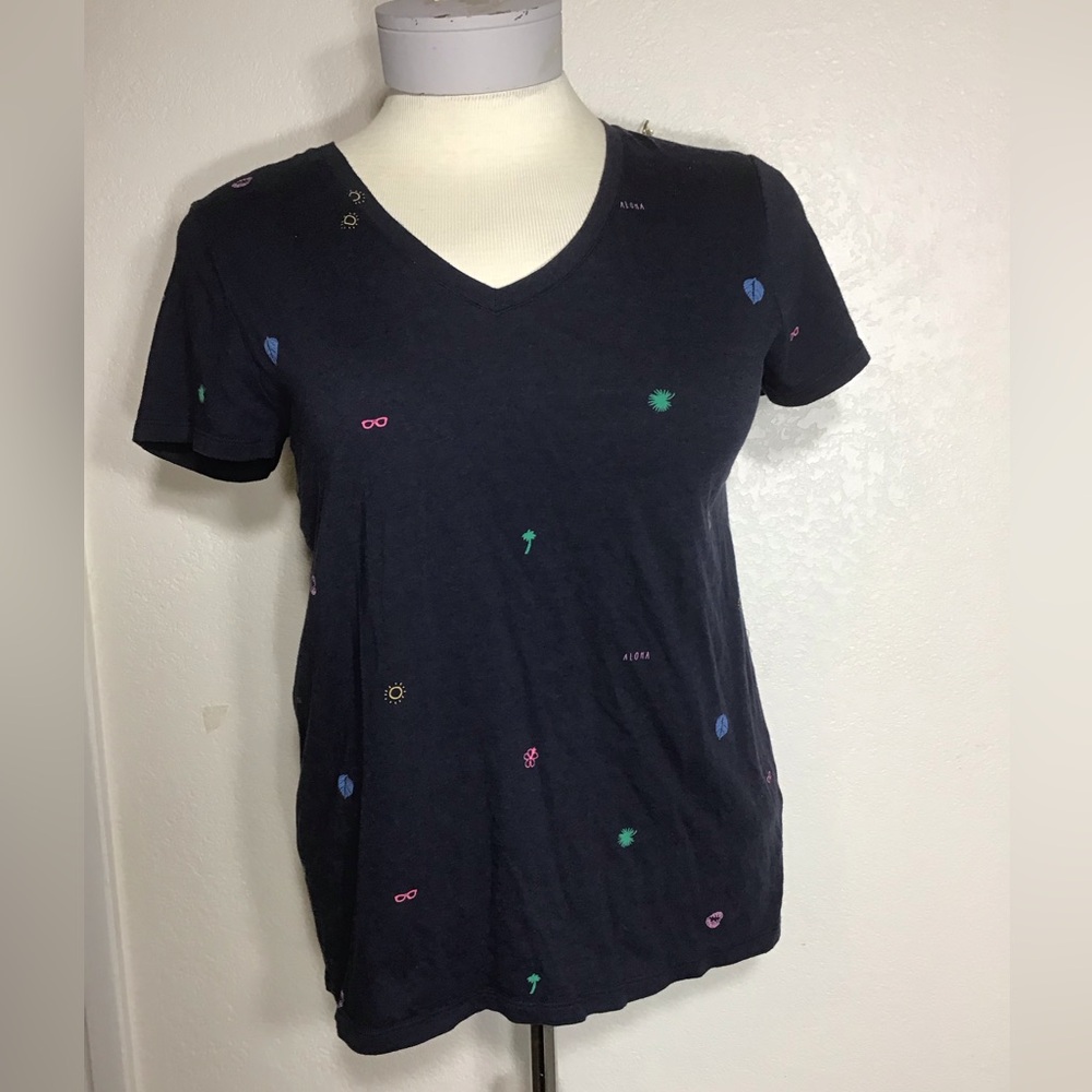 GAP T-SHIRT WOMENS Sz XL NAVE BLUE PRINT ALOHA SHORT SLEEVES PREPPY CASUAL TEE